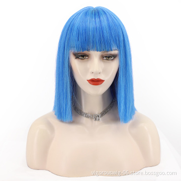 Cheap Wholesale Short Bob Wig With Bangs Mono Blue Bob Wig Heat Resistant Synthetic Straight Wave Full Head Hair Wig For Women